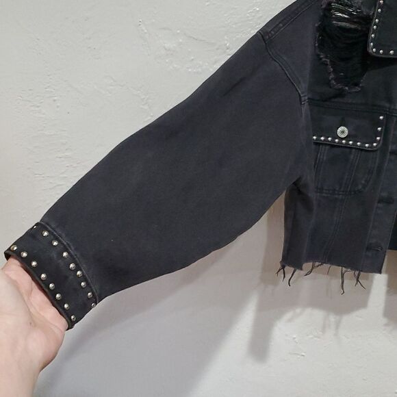 Cropped Distressed & Studded Black Jean Jacket Size XS Oversized - Picture 6 of 16